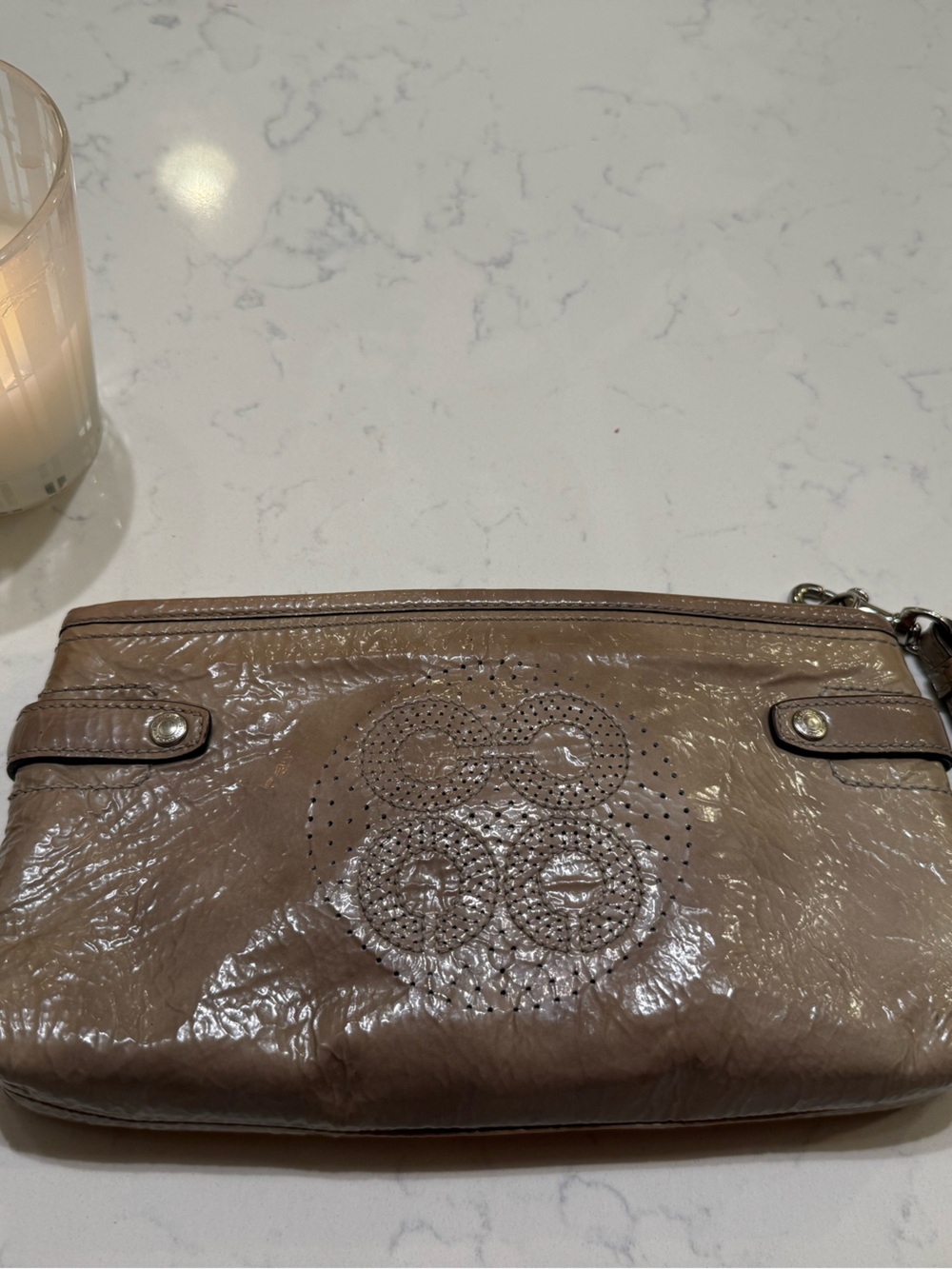 Coach Taupe Perforated Logo Wristlet Clutch